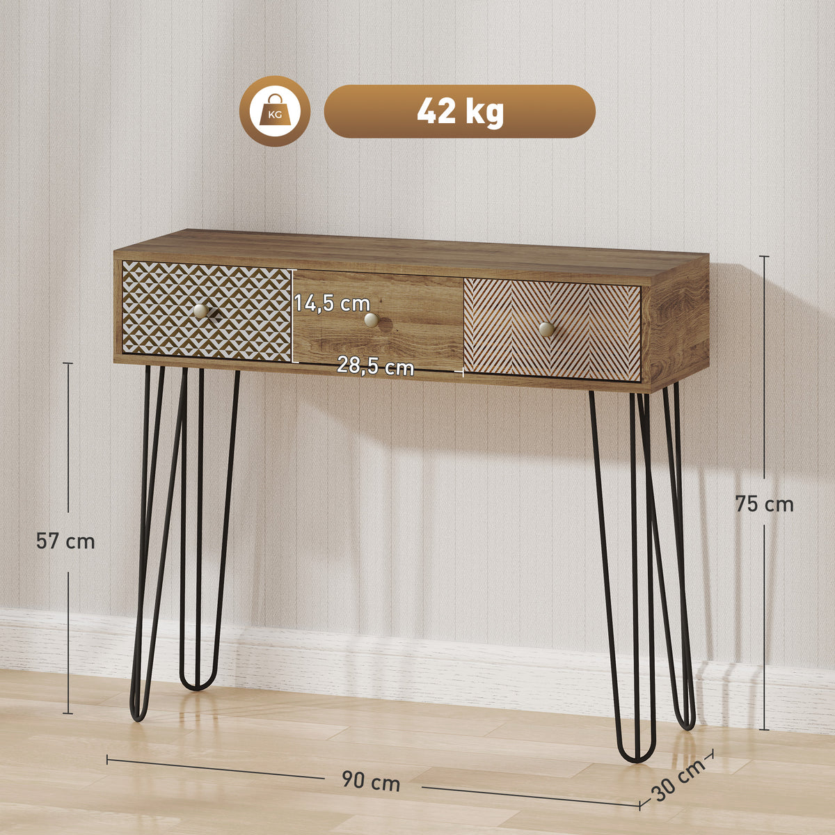 Table console avec 3 tiroirs, table d'entrée étroite avec pieds en épingle à cheveux en acier, 90 x 30 x 75 cm, marron-2