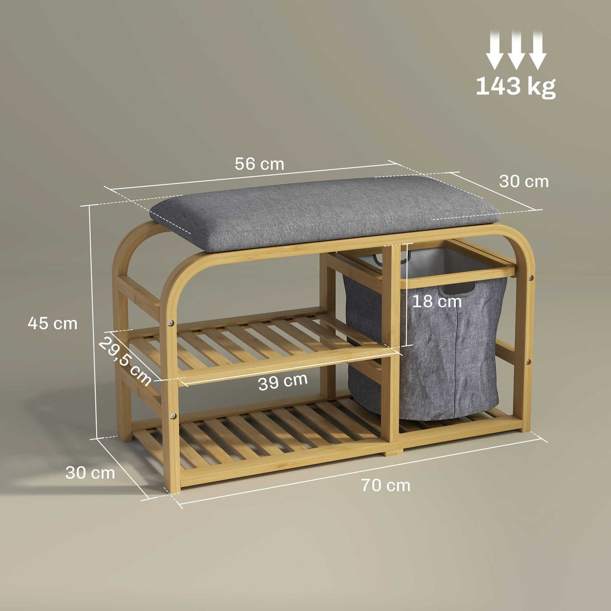 Banc à chaussures avec coussin d'assise, 2 étagères à lattes et panier en tissu coulissant, 70x30x45cm, bois naturel-2