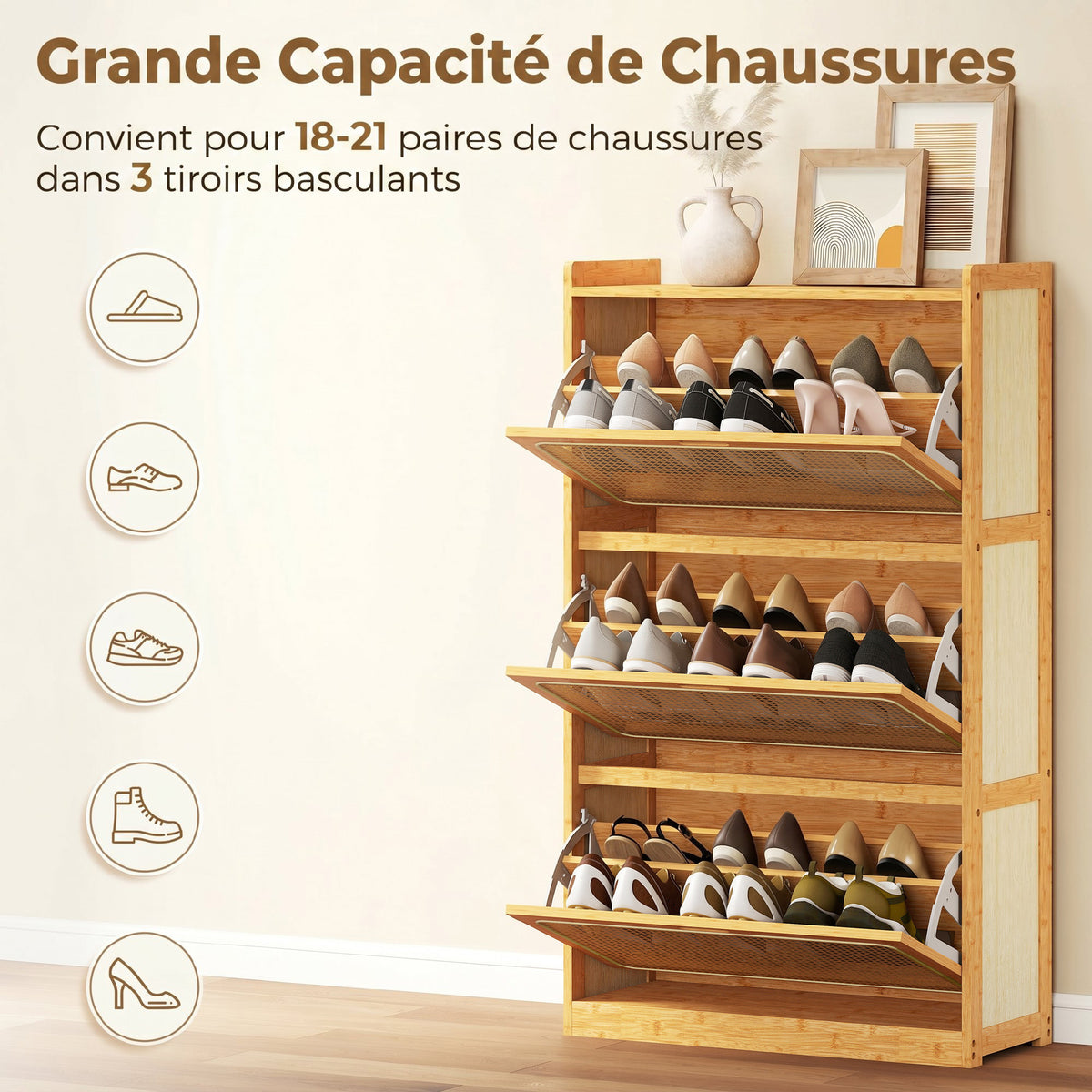 Meuble à chaussures 14 paires, armoire à chaussures 3 tiroirs rabattables, étagères réglables 69x29x119,8cm bois naturel-4