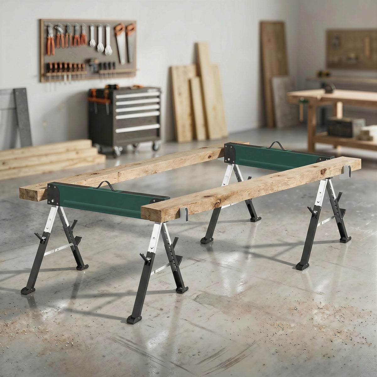 lot de 2 tréteaux pliables en métal, charge max 1160 kg, hauteur réglable 64-81cm, poignée de transport, vert-9