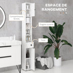 Colonne de rangement armoire haute pour salle de bain 1 tiroir 4 étagères réglables et 2 placards 20 x 20 x 180 cm blanc-3