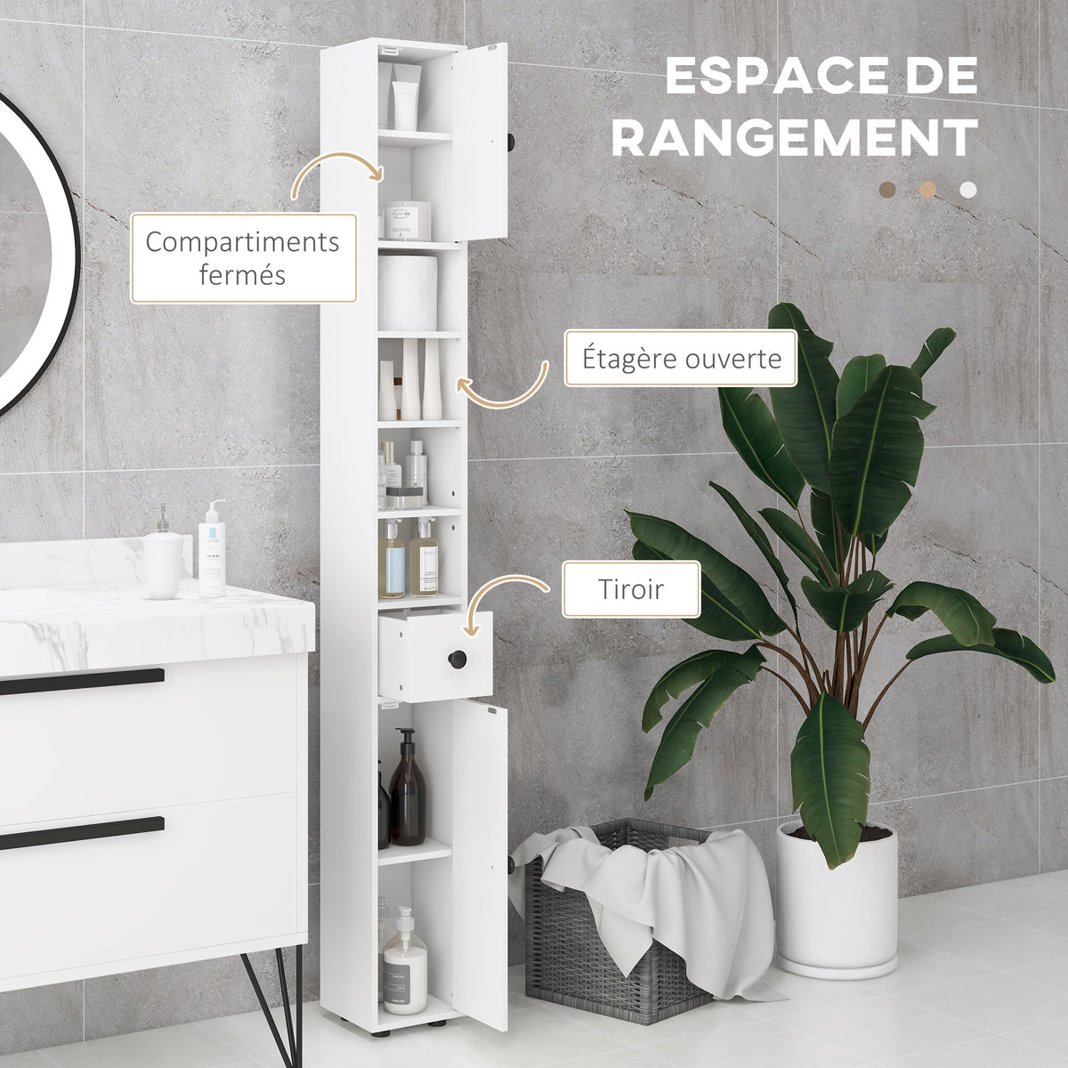 Colonne de rangement armoire haute pour salle de bain 1 tiroir 4 étagères réglables et 2 placards 20 x 20 x 180 cm blanc-3