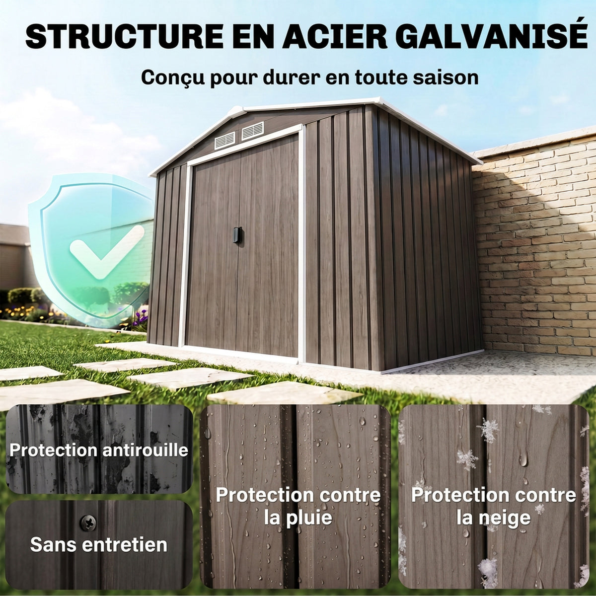 Abri de Jardin 2,42 m² - Remise pour Outils avec Fondation - cabanon Porte verrouillable - tôle d'acier marron clair-3