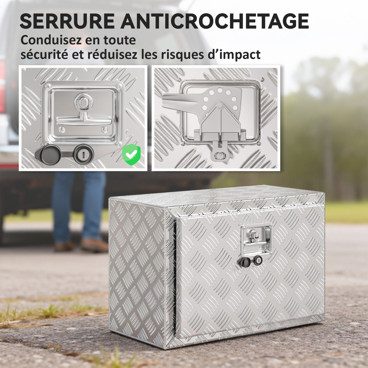 Boîte à outils pour camion en aluminium, 60,9 x 35,5 x 40,6 cm, coffre de rangement 76 L avec serrure et clés, argent-6