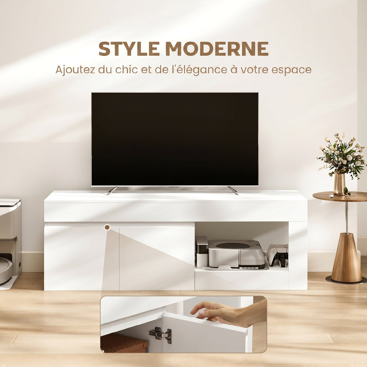 Meuble TV 2 portes pour téléviseurs jusqu'à 60 pouces, meuble télé avec placard et étagère ouverte, blanc-3