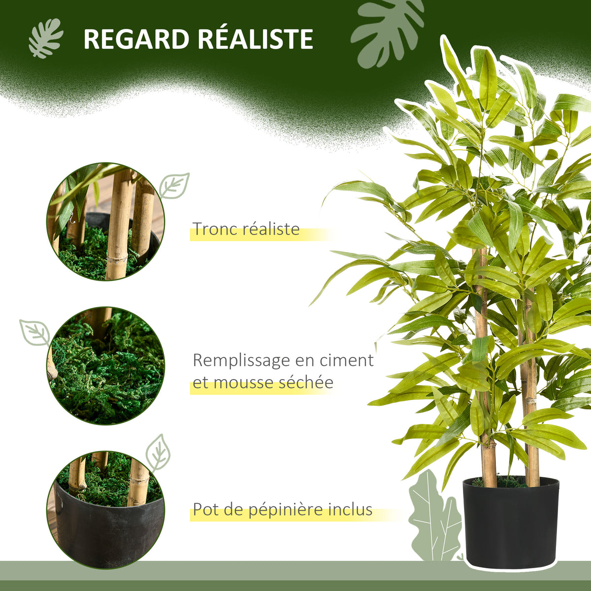 Bambou artificiel plantes artificielles hauteur 60 cm - tronc branches lichen feuilles grand réalisme pot inclus-3