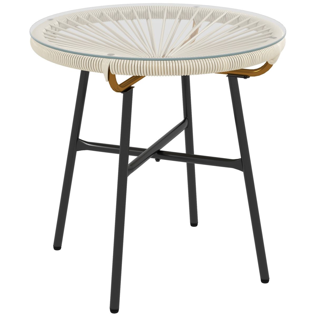 Table basse ronde de jardin en résine aspect rotin métal et plateau verre trempé Ø 50 x 50 cm crème-0