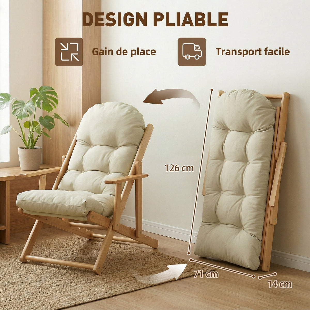 Fauteuil Chaise de Salon Pliable et inclinable en Bois Fauteuil Relax Confortable avec Coussin capitonné épais-5
