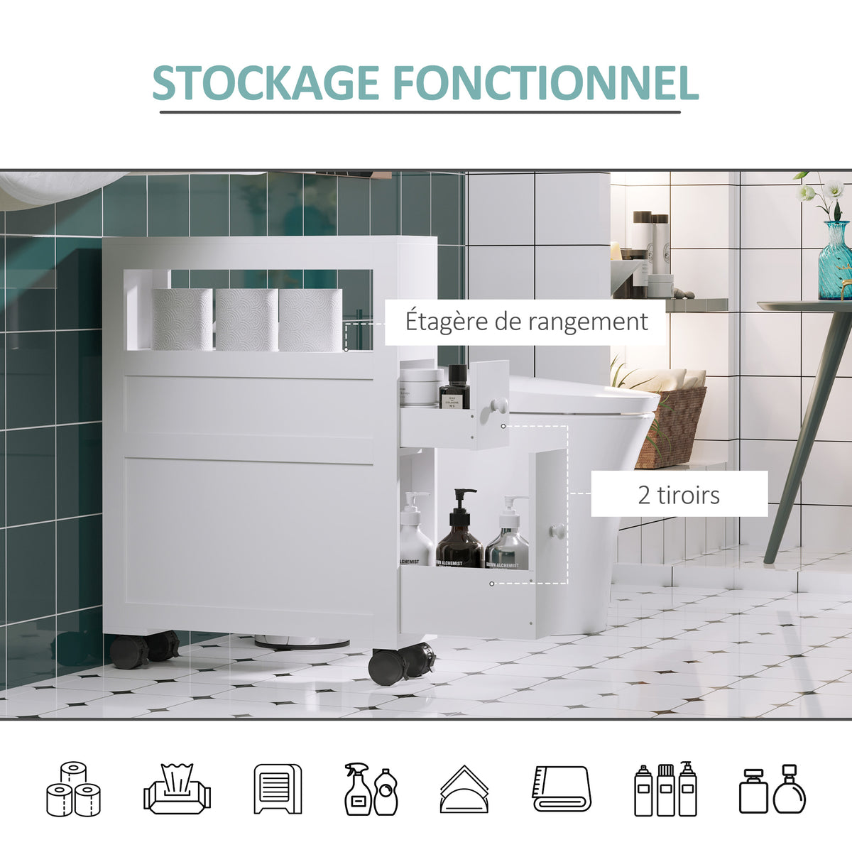 Meuble de rangement de salle de bain sur roulette armoire WC toilettes étagère ouverte 2 tiroirs 16 x 52 x 71,5 cm blanc-5