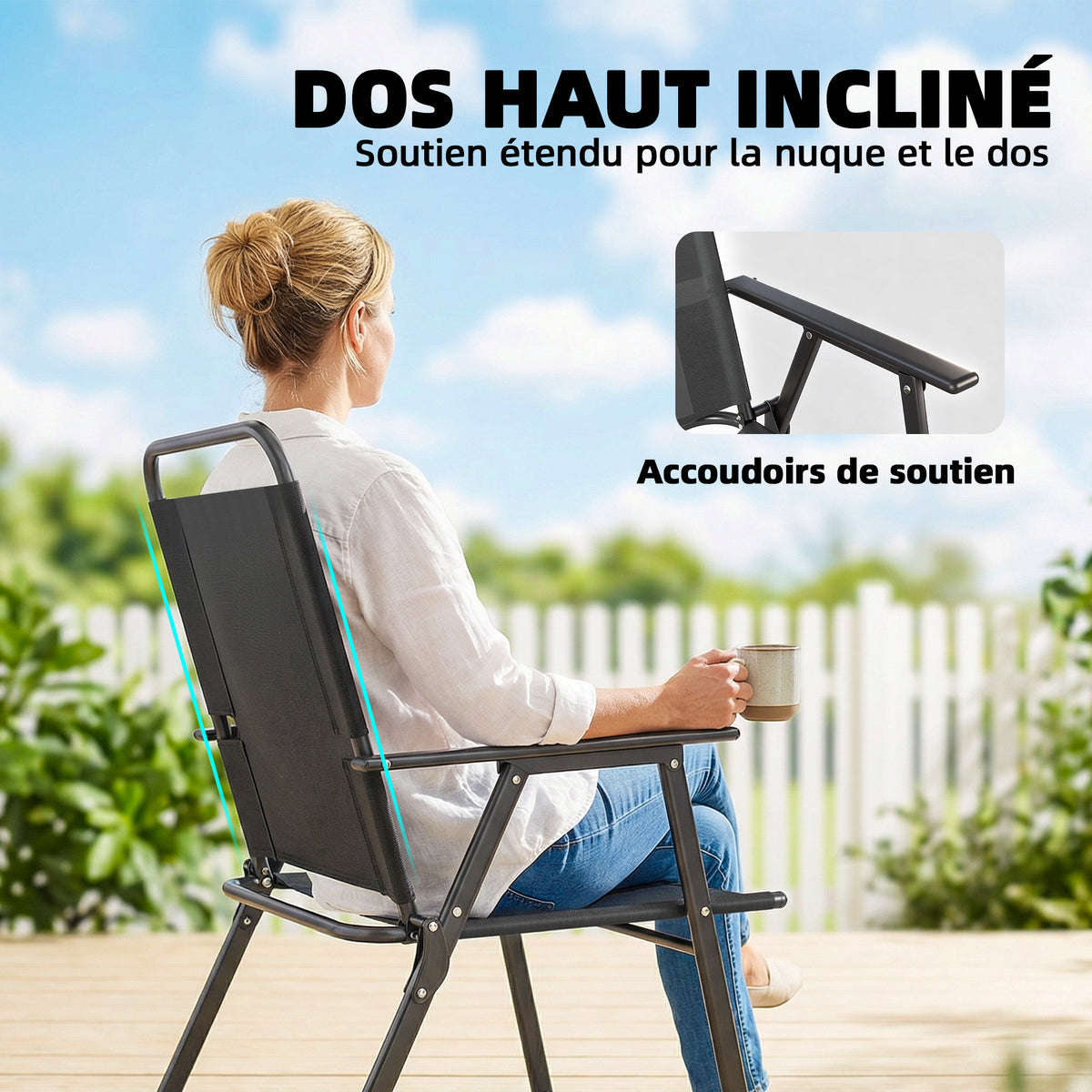 Lot de 4 chaises de jardin pliantes avec accoudoirs, chaises d'extérieur avec assise large en textilène, noir-5