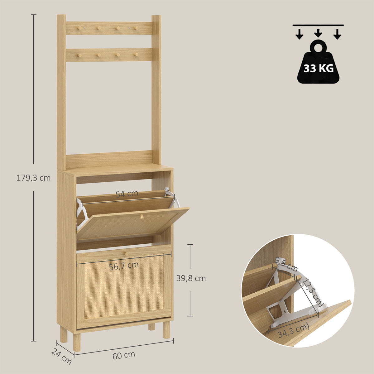 Porte-Manteau 2 en 1, Meuble d'Entrée avec Meuble à Chaussures, Portes Effet Rotin et 8 Crochets, Bois Naturel-2