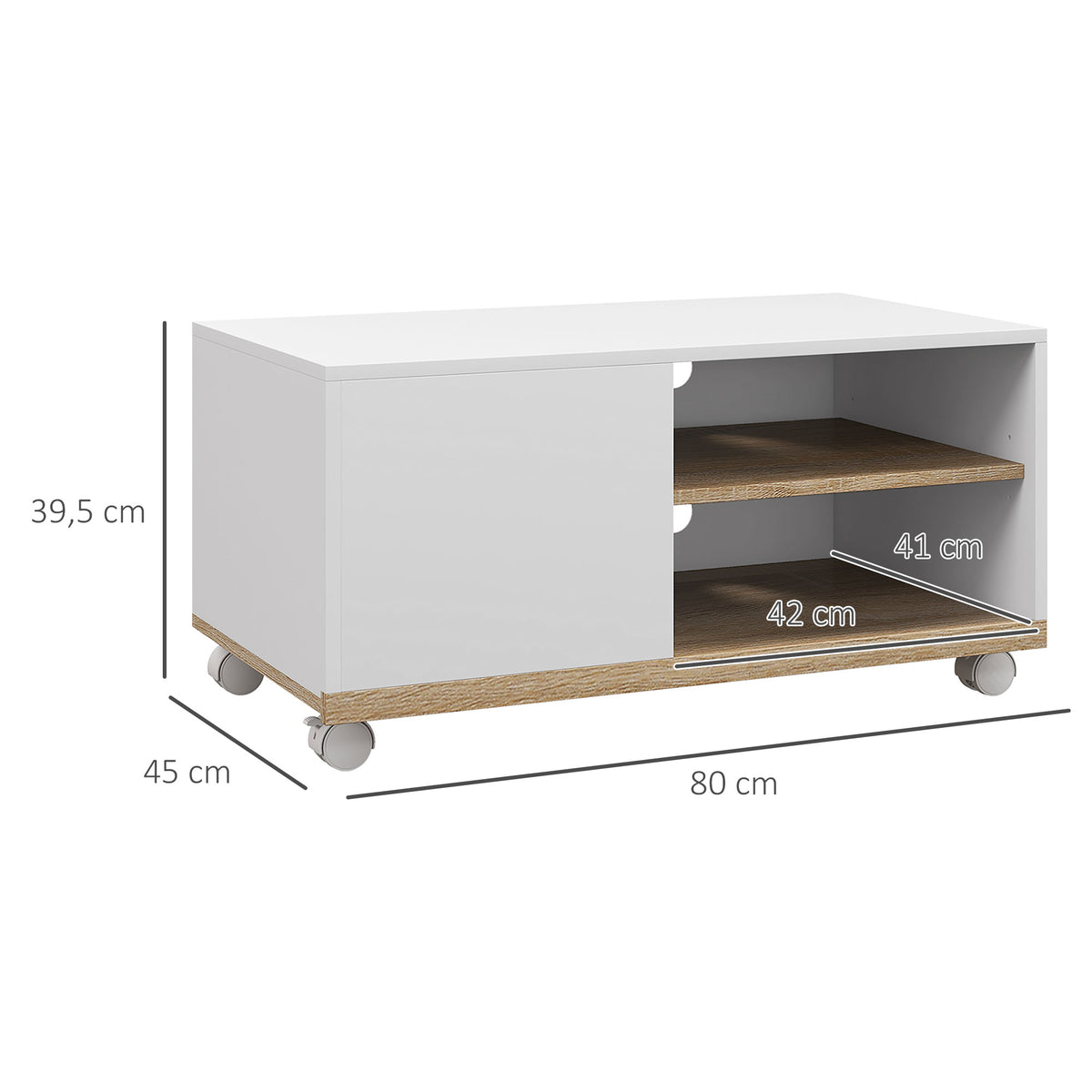 Meuble TV sur roulettes avec 2 Freins - 2 niches + Placard Porte 2 Passe-Fil - en bois Blanc chêne Clair-2