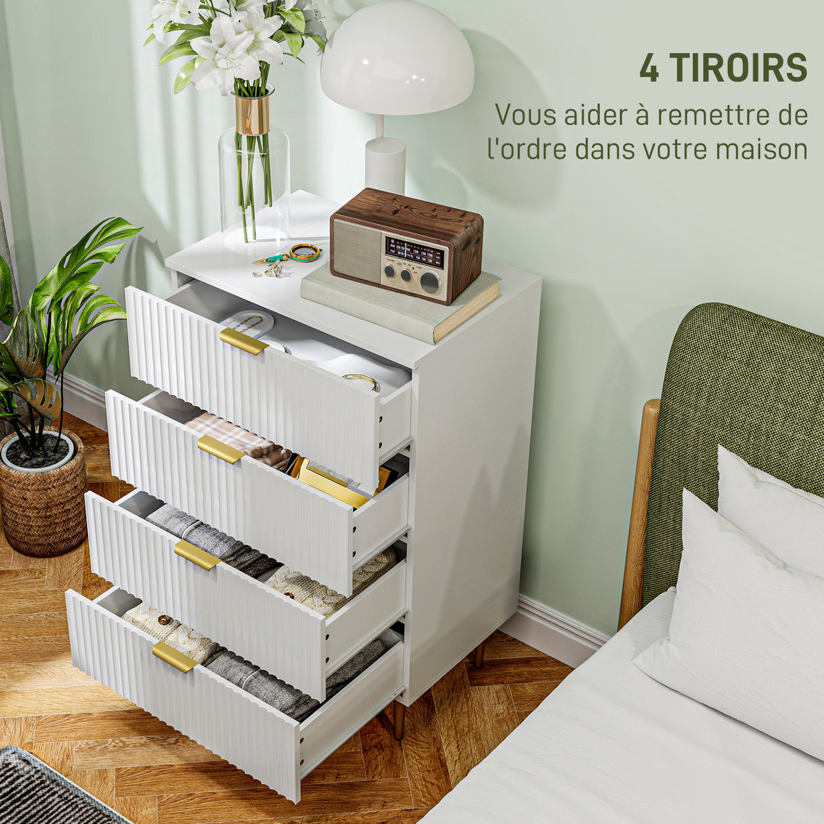 Commode 4 tiroirs commode chambre meuble de rangement moderne avec poignées et pieds dorés, dim. 60 x 40 x 96 cm, blanc-3