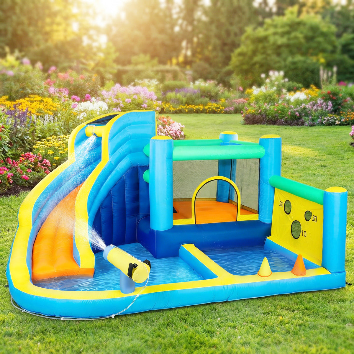 Château gonflable avec souffleur 8 en 1, parc aquatique, toboggan, trampoline, piscine à balles, oxford, multicolore-1
