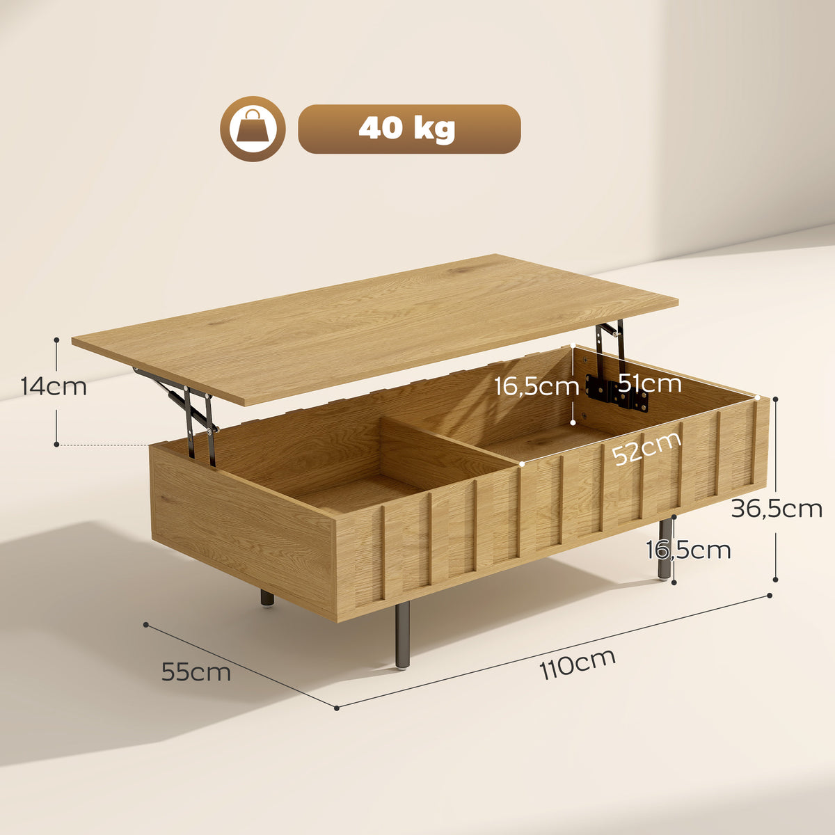 Table Basse Relevable avec 2 Compartiments Cachés et Latéraux Cannelés, Style Mid-Century Modern, 110x55x36,5cm, Chêne-2