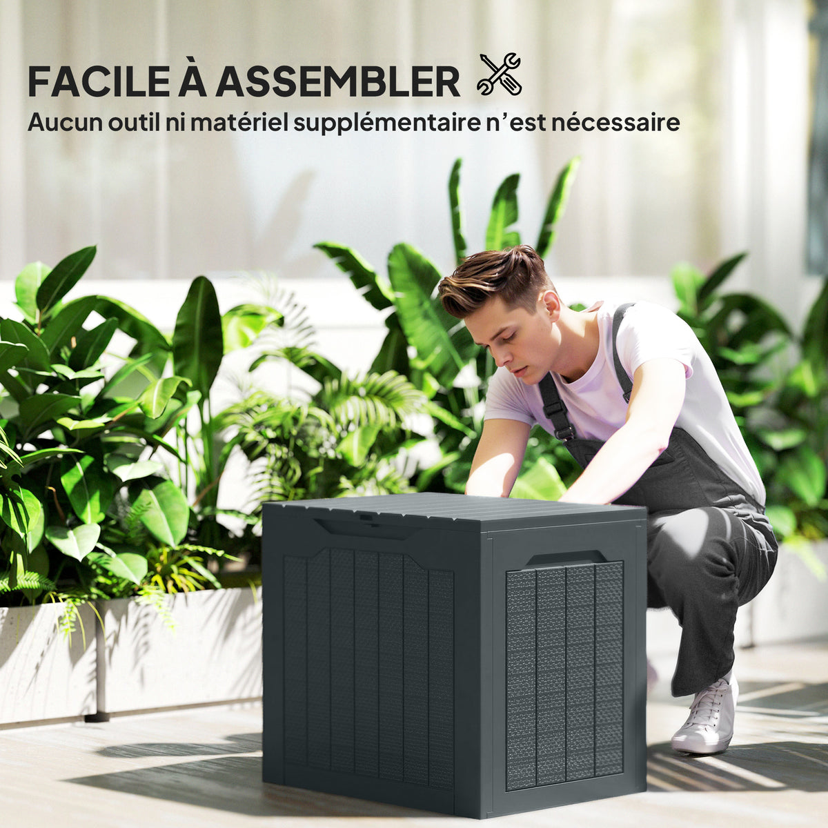Coffre de rangement extérieur 97L avec poignées encastrées, malle de rangement extérieur étanche 56x41x50cm, gris foncé-3