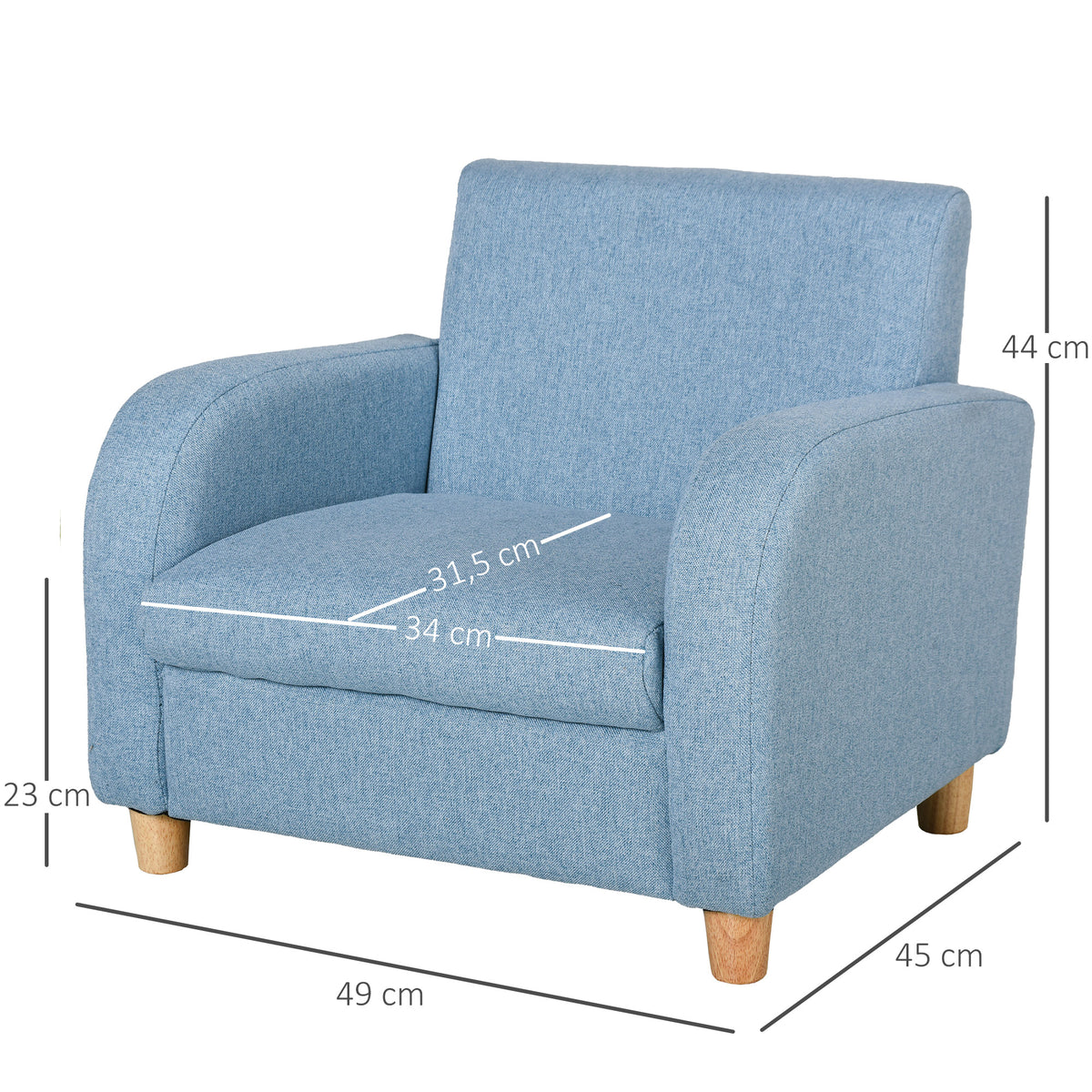 Fauteuil Enfant Design scandinave accoudoirs Assise Dossier garnissage Mousse piètement Bois Caoutchouc Lin Bleu-2