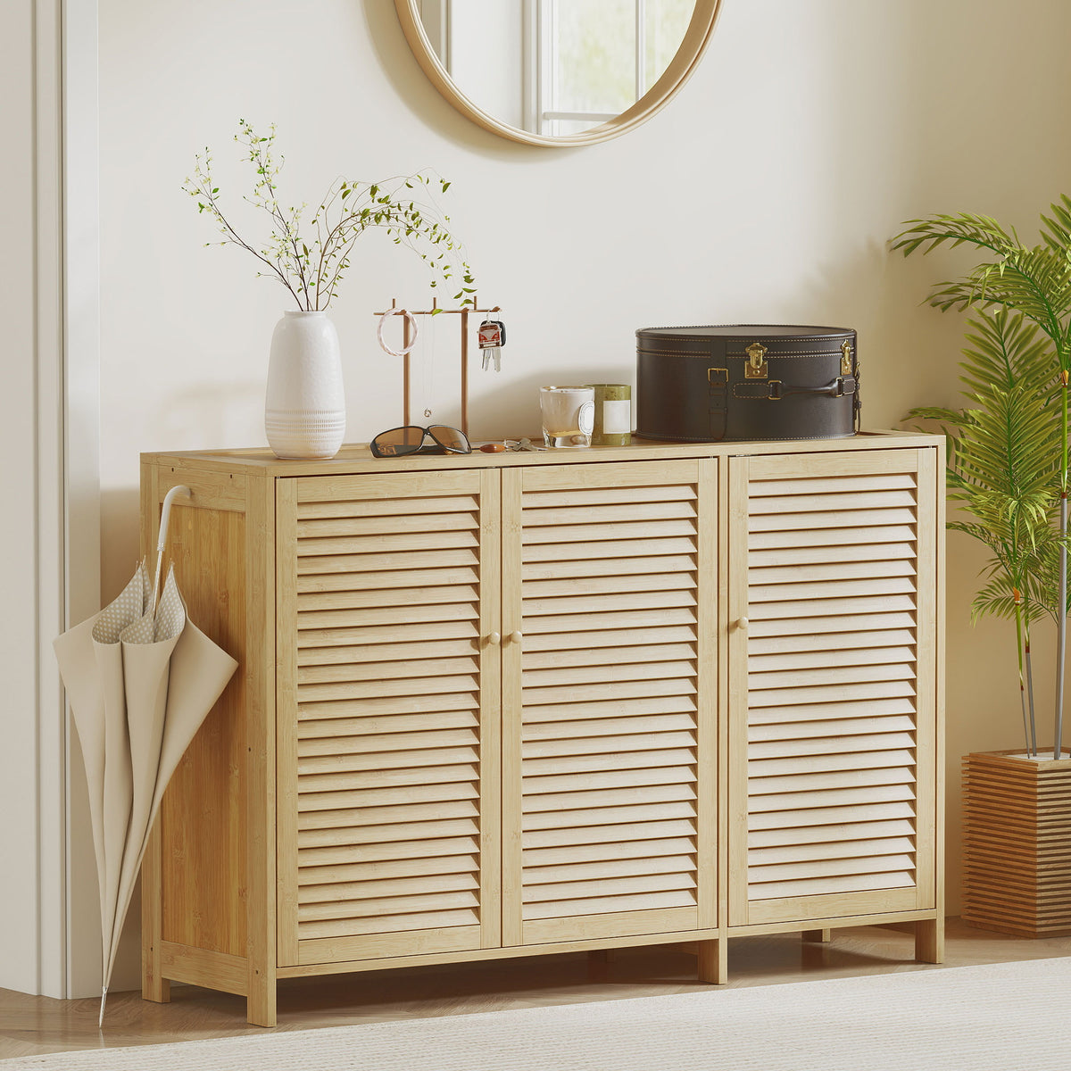 Meuble à chaussures en bambou 18 paires, armoire à chaussures avec portes persiennes et étagères réglables, bois naturel-9