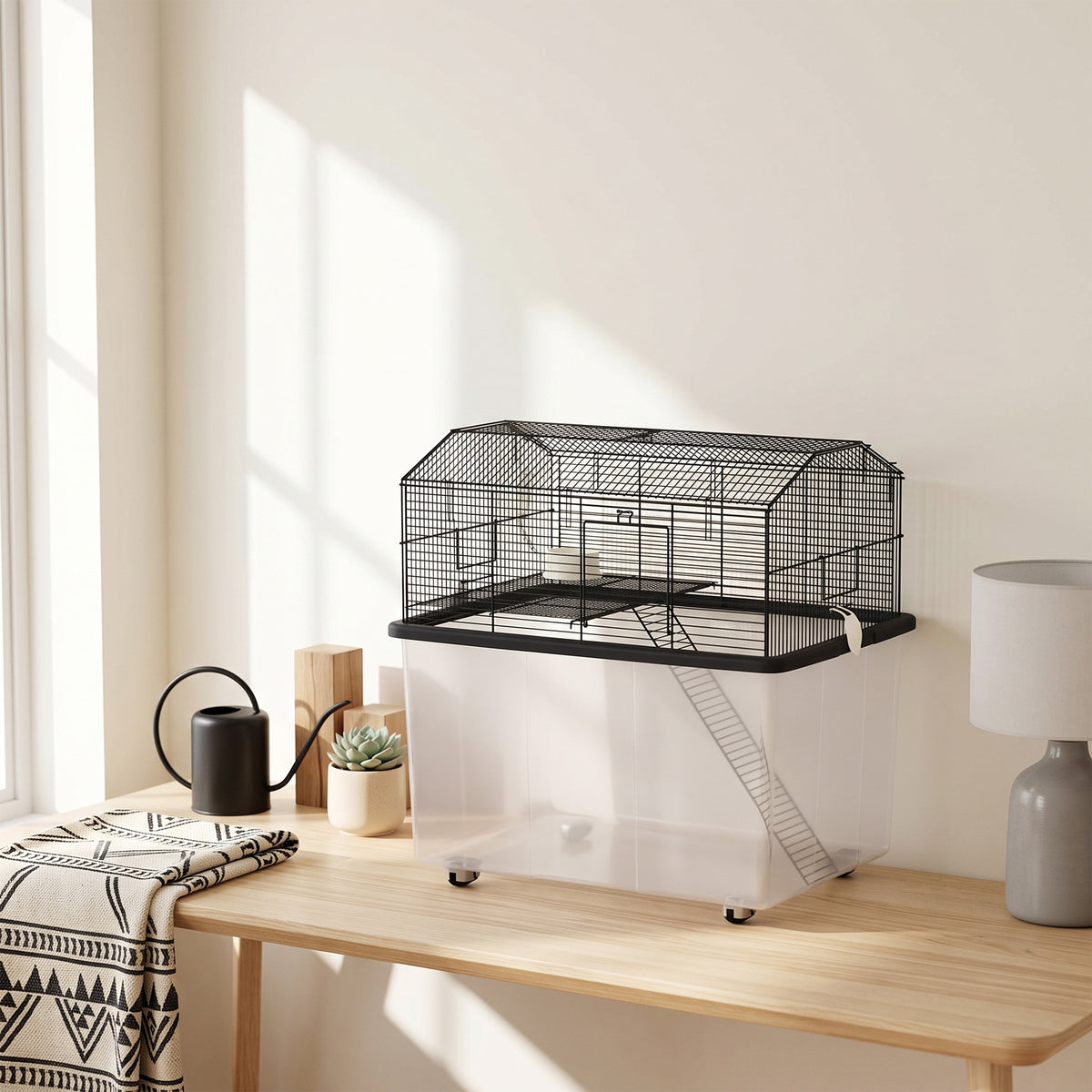 Cage hamster cage rongeur 2 étages avec roulettes plate-forme et échelle en fil d'acier 57 x 43 x 57 cm noir-1