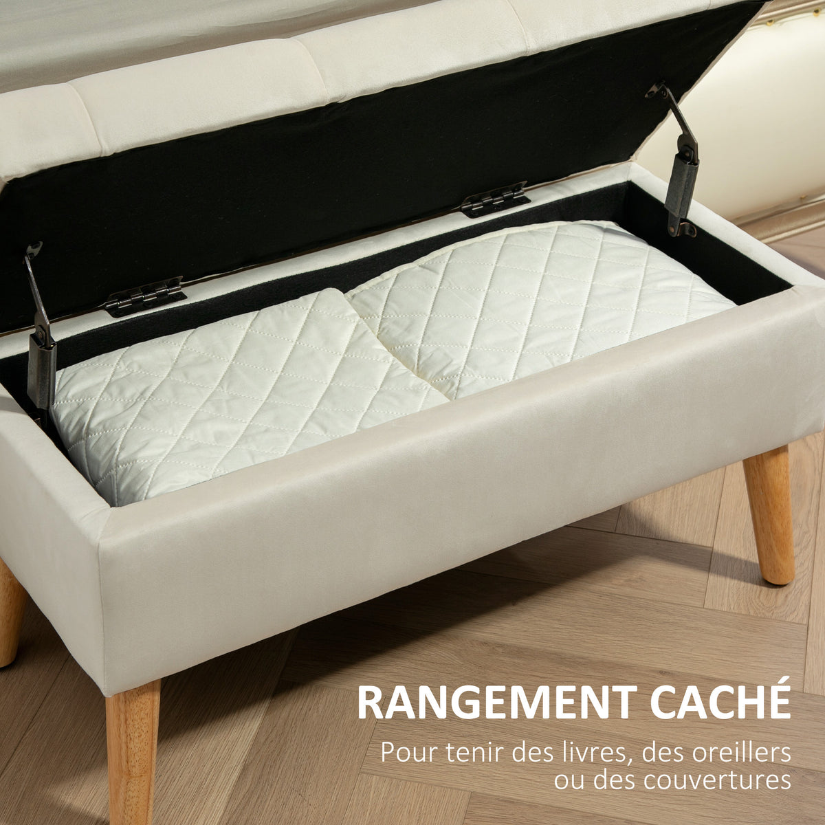 Banc de rangement coffre de rangement tissu effet velours pieds en bois charge max. 120 kg 80 x 35 x 42 cm, crème-3