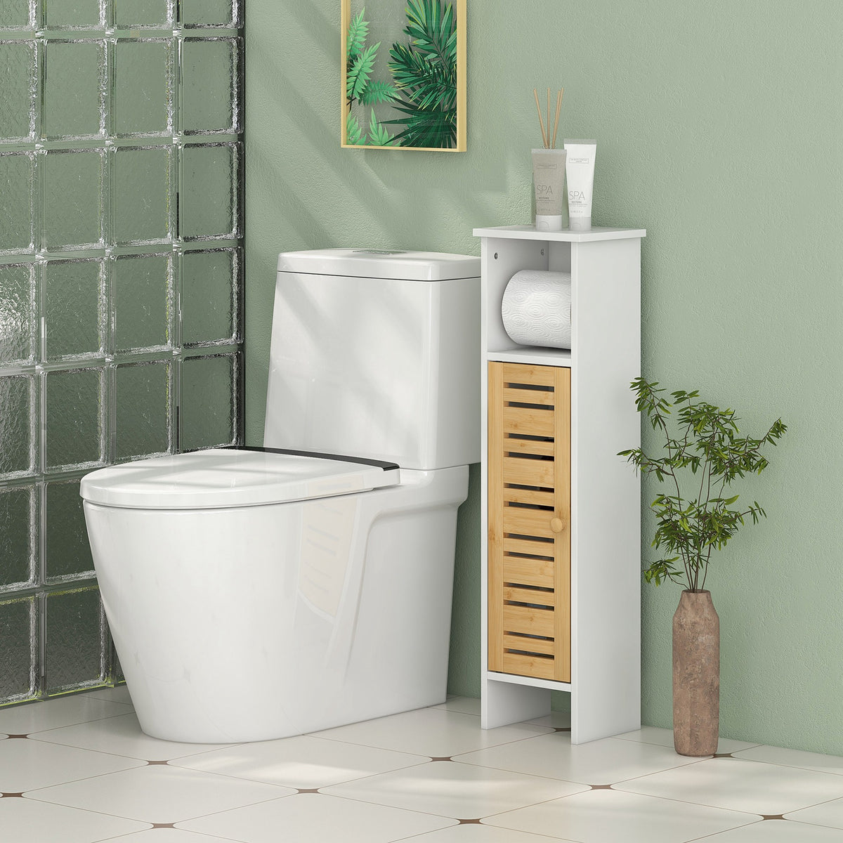 Meuble de salle de bain avec support papier toilette barre amovible 3 Niveaux + Sortie Papier, 78H cm, Bambou blanc-9