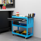 Chariot d'atelier servante atelier à 3 niveaux avec tiroir, porte-outils latéral et poignée, 82x35x76 cm, bleu-1