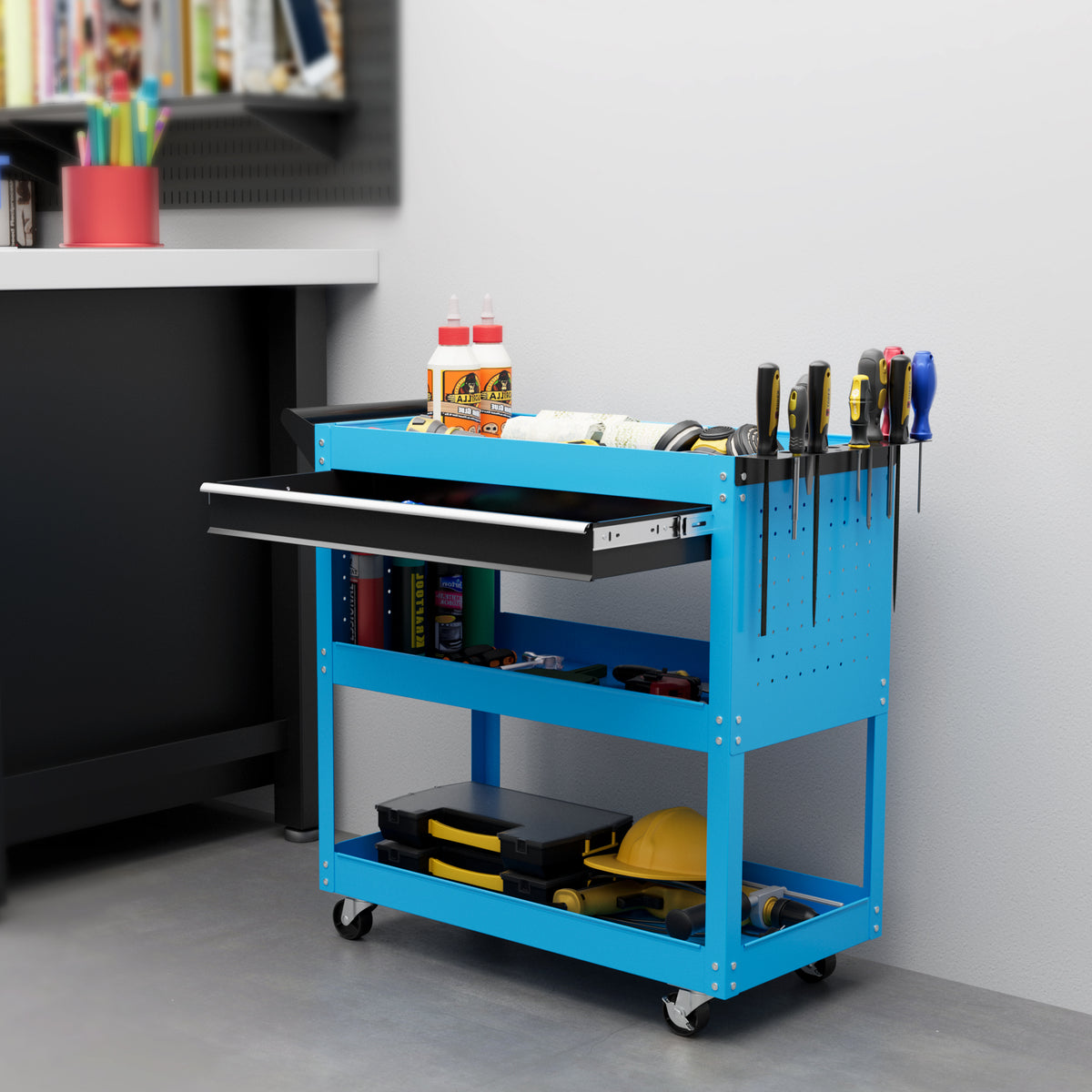 Chariot d'atelier servante atelier à 3 niveaux avec tiroir, porte-outils latéral et poignée, 82x35x76 cm, bleu-1