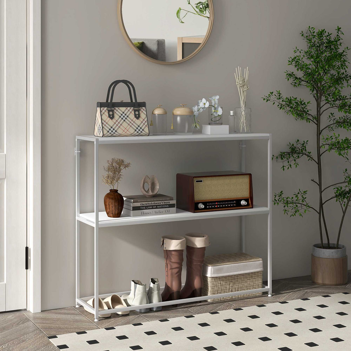 Table console en acier 2 étagères design moderne pour salon entrée couloir 100 x 30 x 87 cm blanc-1