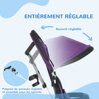 Tricycle enfant évolutif pare-soleil pliable canne télescopique amovible 95 x 50 x 106 cm acier violet blanc-4