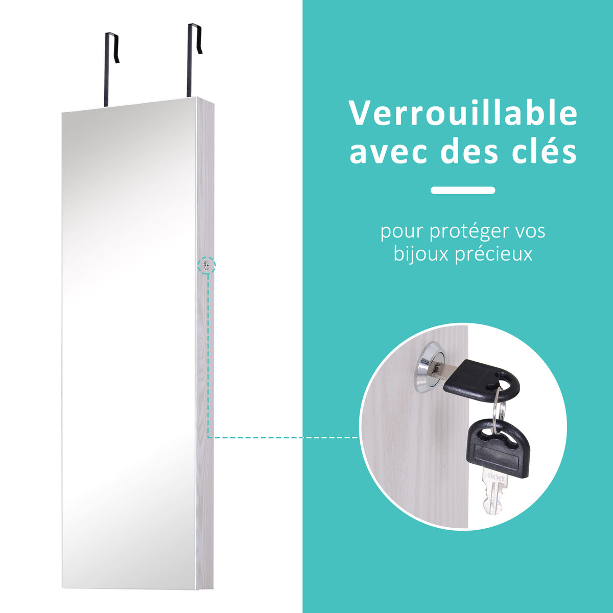 Armoire à bijoux suspendue au mur ou à la porte avec miroir, LED, 5 étagères, 2 tiroirs, 37x10x120cm, effet bois grisé-4