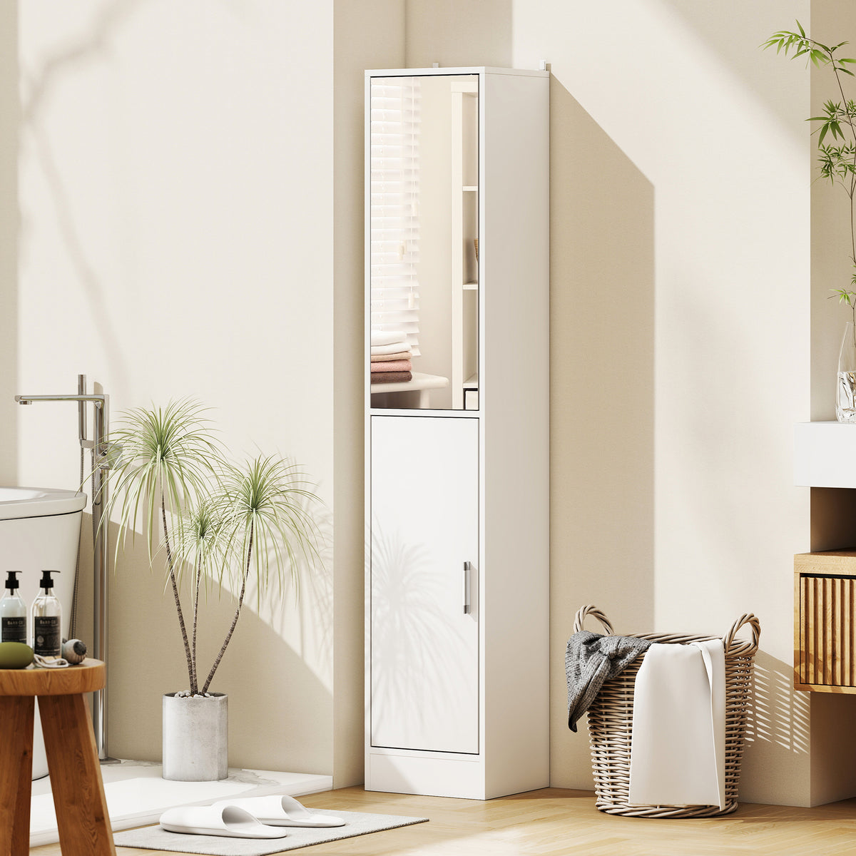 Meuble colonne salle de bain avec miroir, meuble de rangement à 6 niveaux 2 portes étagères réglables 32x28x162cm blanc-1