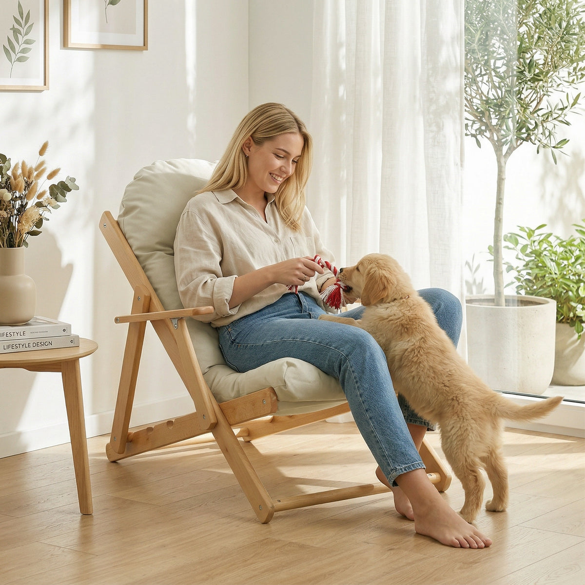 Fauteuil Chaise de Salon Pliable et inclinable en Bois Fauteuil Relax Confortable avec Coussin capitonné épais-8