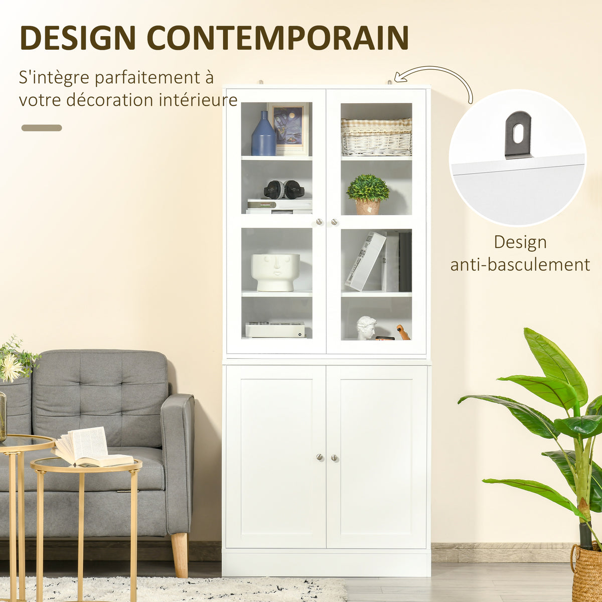 Bibliothèque Vitrine, Meuble de Rangement à 6 Niveaux avec 4 Portes dont 2 en Verre Trempé, Étagères Réglables, Style Moderne, pour Salon, Bureau, Chambre, 76 x 40 x 178,5 cm, Blanc-3