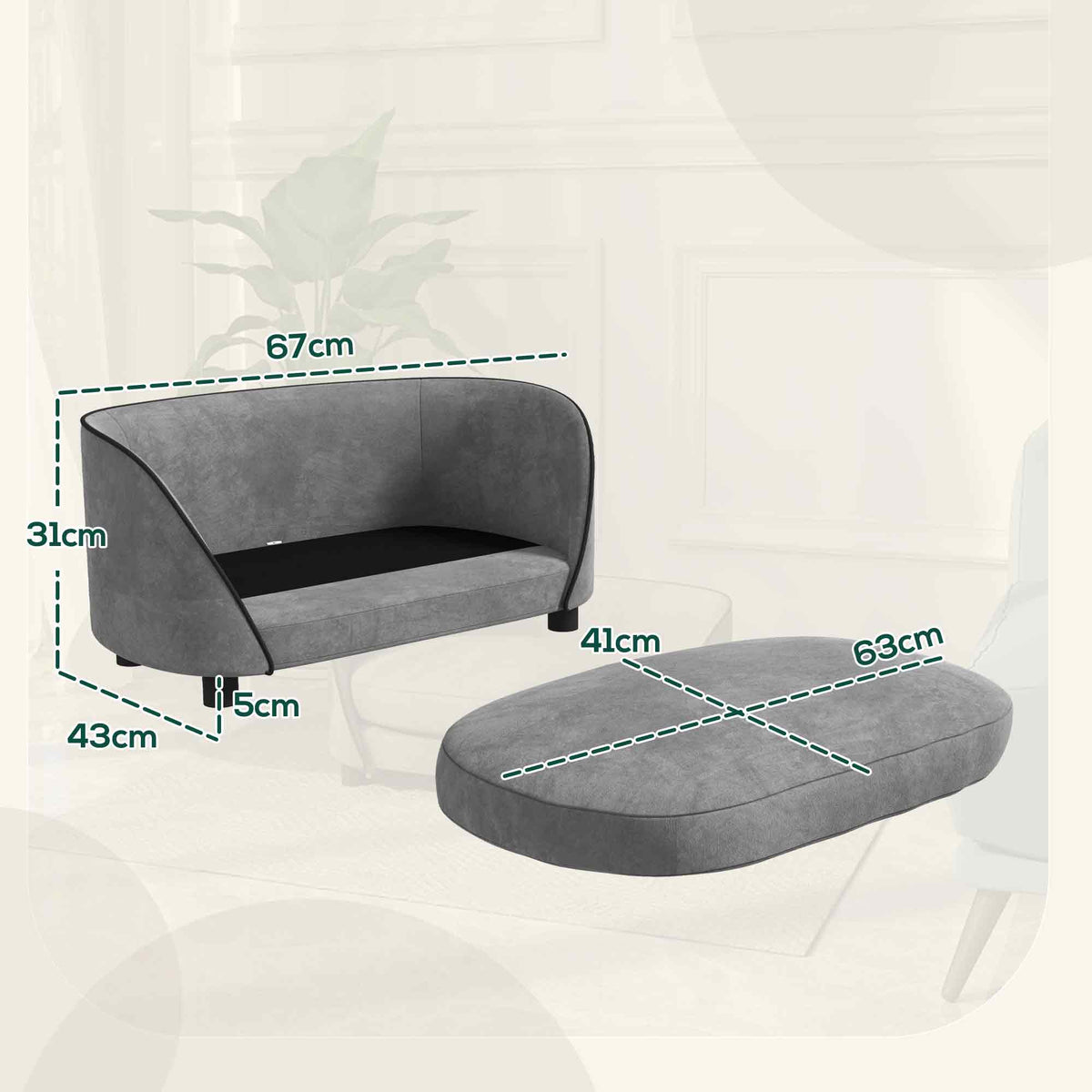 Canapé pour chien avec coussin doux housse amovible et lavable revêtement en velours néerlandais gris-2