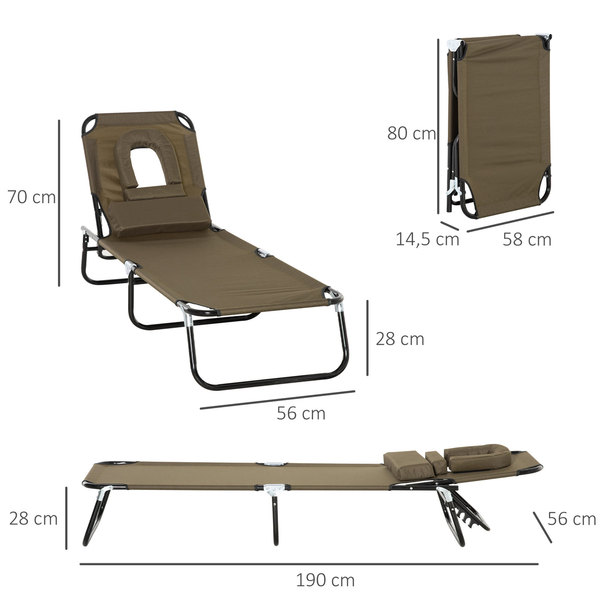 Transat de Jardin Chaise Longue Pliante Bain de Soleil avec Appuie-tête, Trou de lecture et Dossier Inclinable, Marron-2