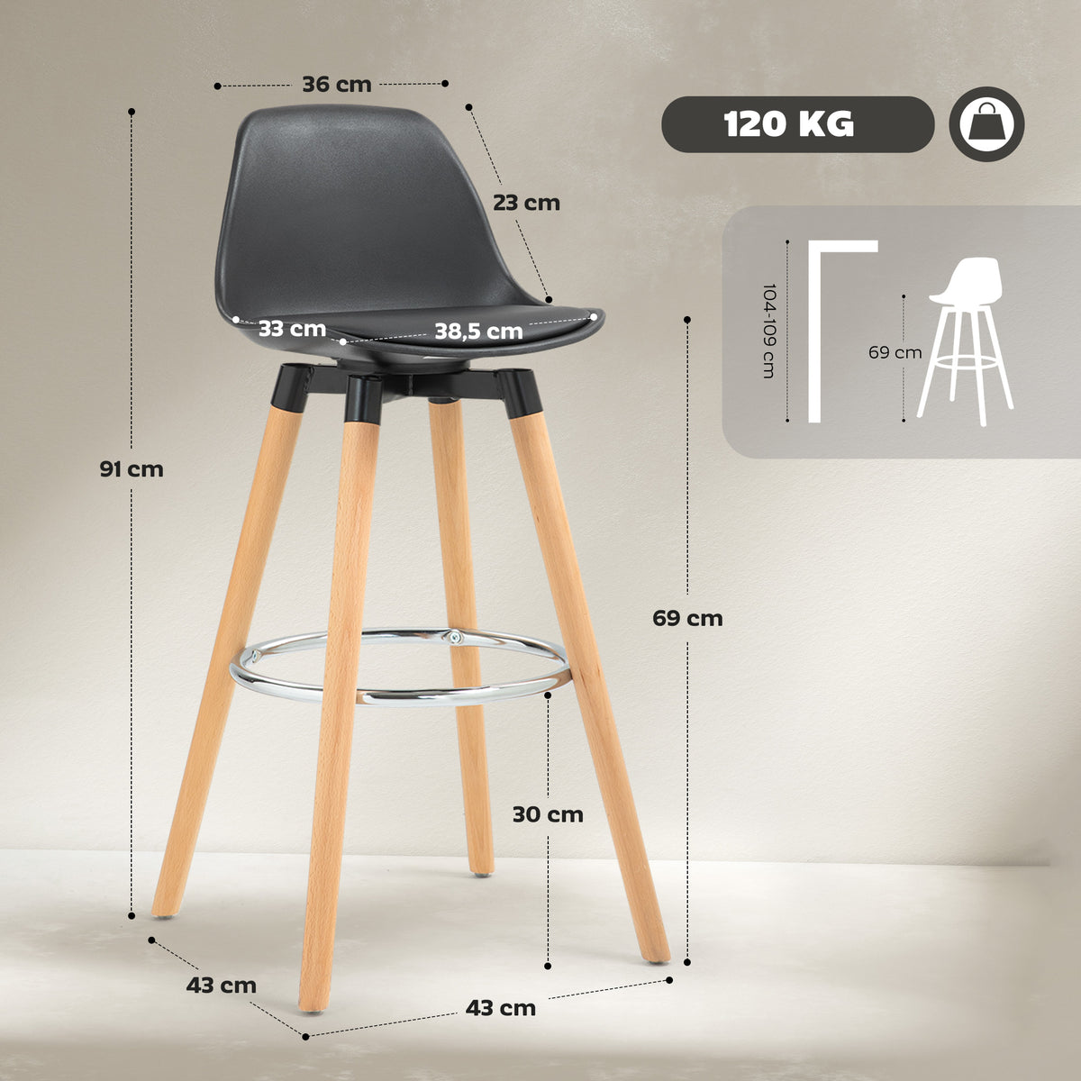 Lot de 2 tabourets de bar, chaises de bar avec dossier et repose-pieds, assise rembourrée, 43 x 43 x 91 cm, noir-2