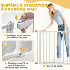 Barrière de sécurité largueur réglable 74-80 / 91,5-97,5 cm double verrouillage fermeture automatique barrière chien pour porte couloir escalier sans perçage acier blanc-5