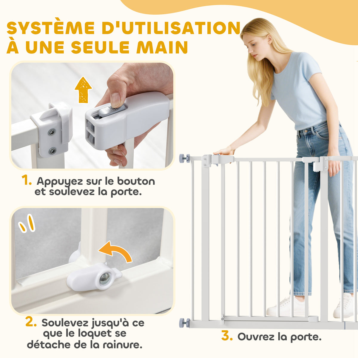 Barrière de sécurité largueur réglable 74-80 / 91,5-97,5 cm double verrouillage fermeture automatique barrière chien pour porte couloir escalier sans perçage acier blanc-5