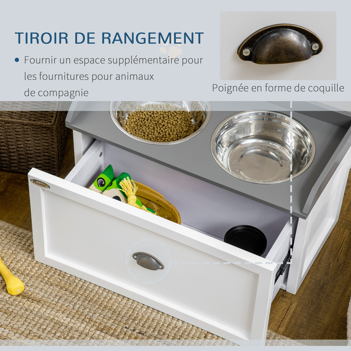 Gamelle double chien chat - porte-gamelles surélevé rangement 2 en 1 - tiroir, 2 gamelles - acier inox. MDF blanc gris-4