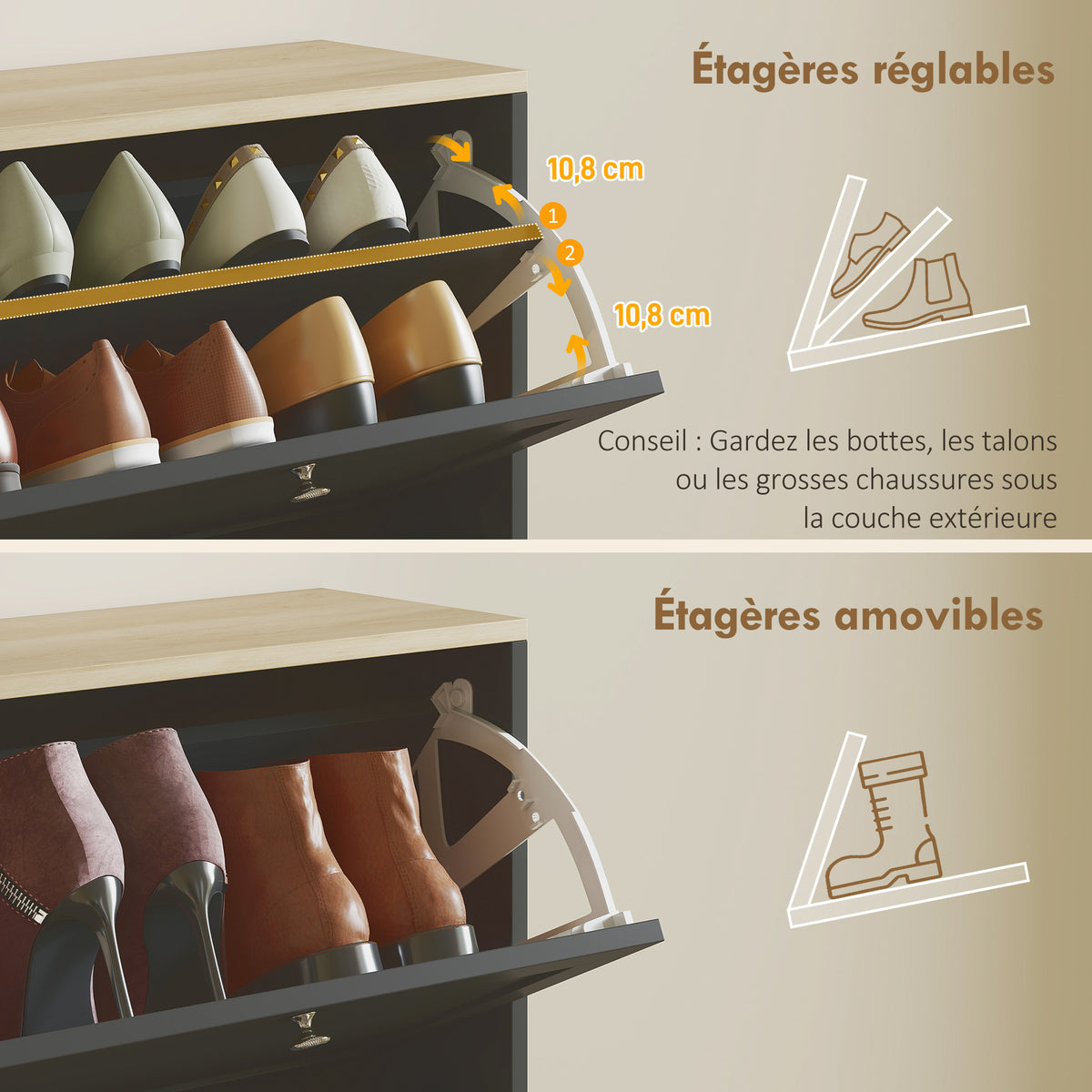 Meuble à chaussures 24 paires, armoire à chaussures avec 4 tiroirs rabattables, étagères réglables, 60x23,5x153cm, noir-4