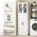 Meuble de salle de bain haut 6 niveaux, meuble de rangement avec 4 portes dont 2 vitrées et étagères réglables, blanc-6