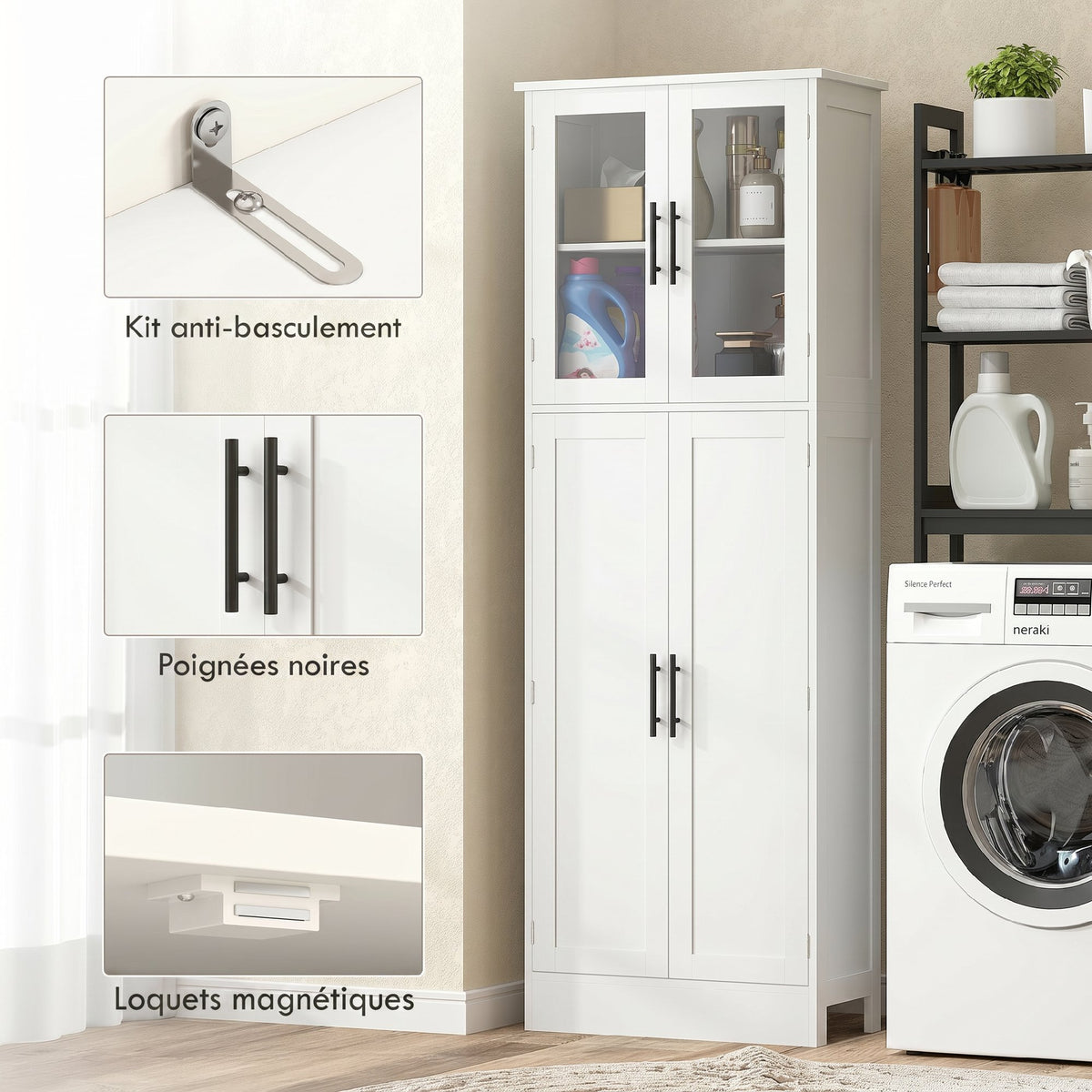 Meuble de salle de bain haut 6 niveaux, meuble de rangement avec 4 portes dont 2 vitrées et étagères réglables, blanc-6