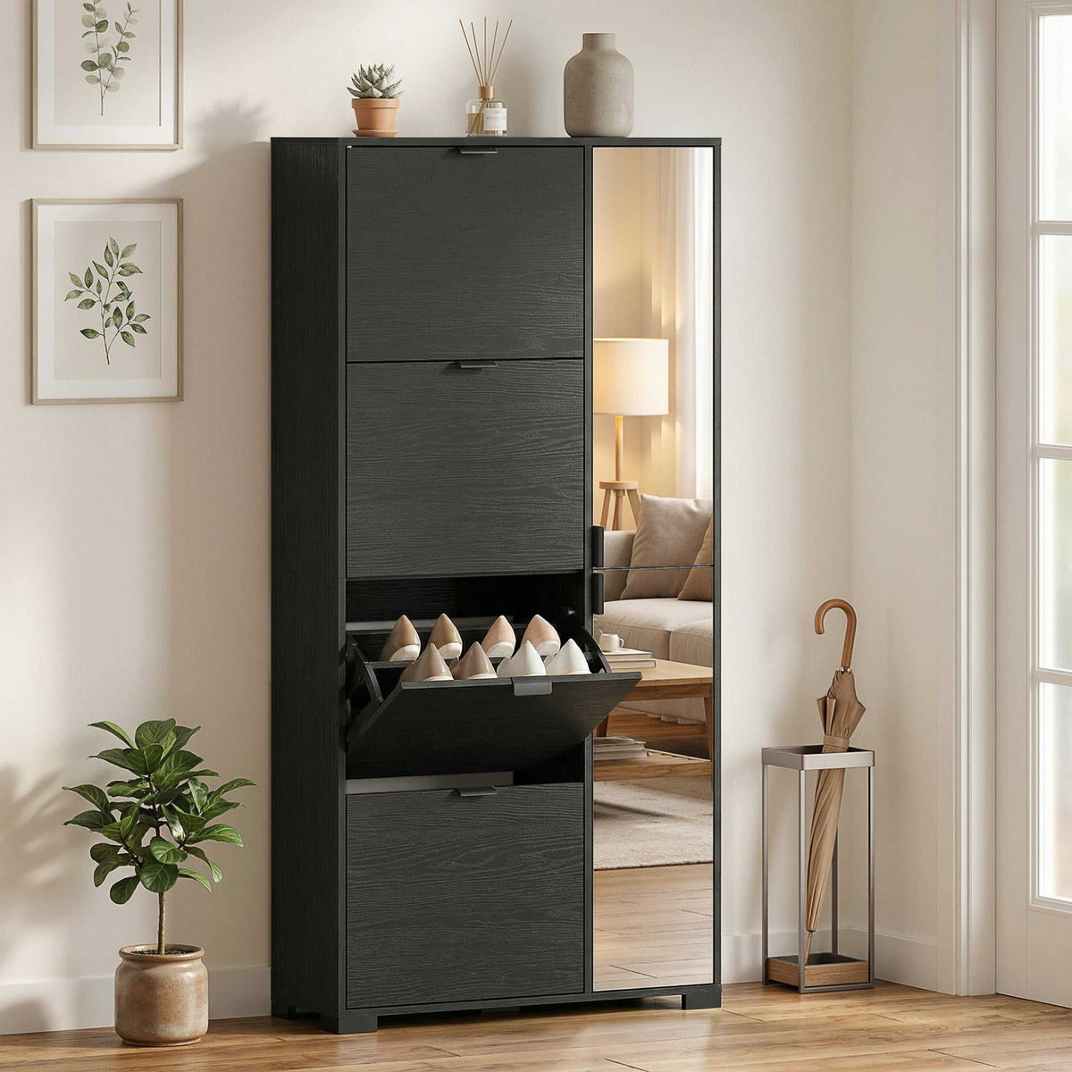 Meuble à chaussures 16 paires armoire à chaussures 4 tiroirs rabattables 2 portes en miroir étagères réglables noir-1