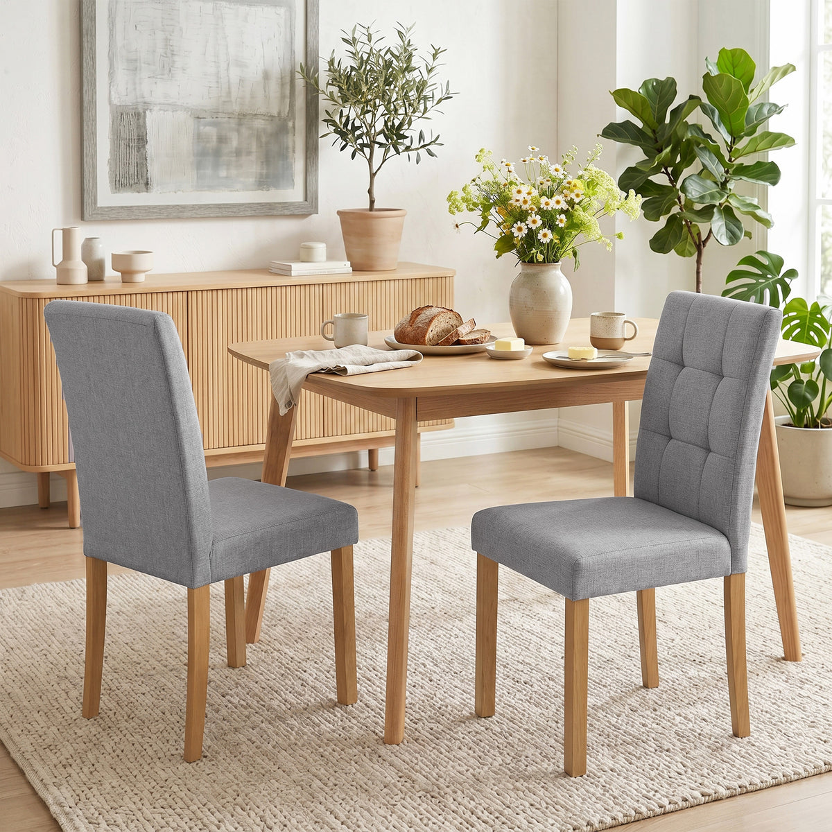 Lot de 2 chaises de salle à manger, chaise de cuisine moderne avec siège rembourré en tissu effet lin, gris clair-1