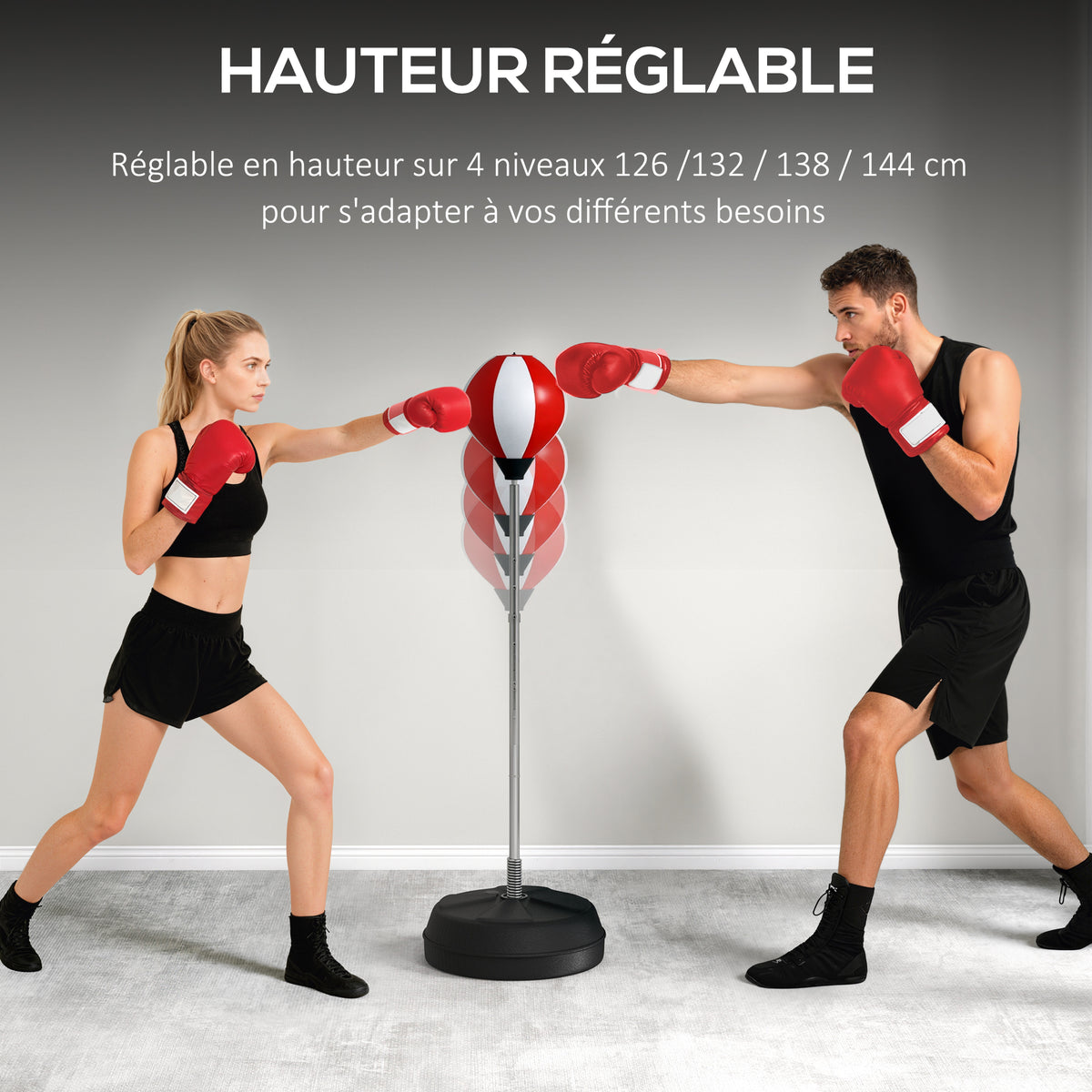 Sac de Frappe sur Pied Punching ball sur pied réglable en hauteur 126-144 cm avec gants, pompe et base de lestage-3