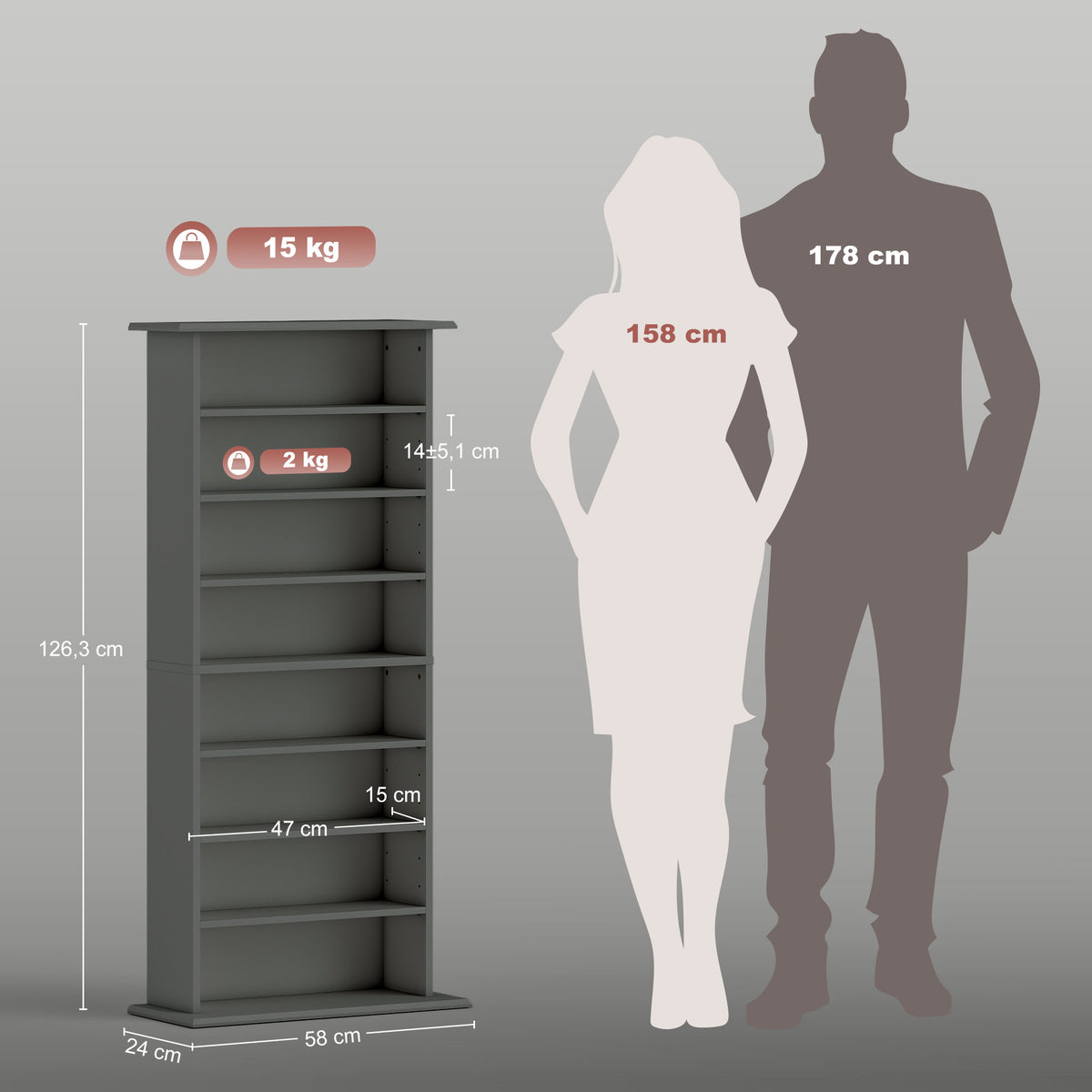 Rangements pour CD et DVD avec 8 compartiments et 6 étagères réglables, capacité max. 360 CD/185 DVD et Blu-ray, gris-2