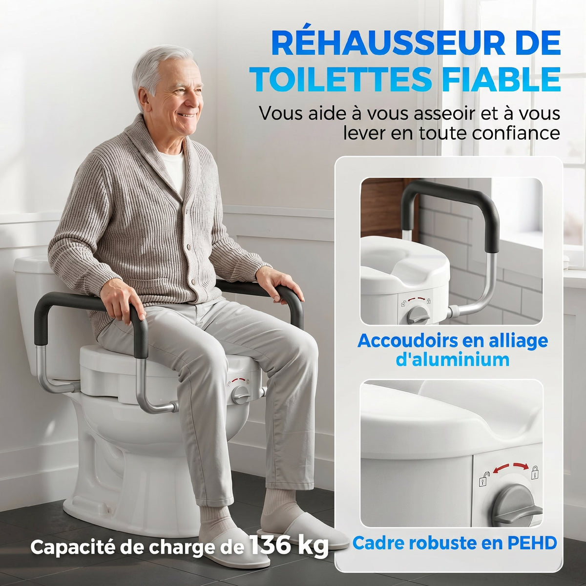 Rehausseur de siège de toilettes avec poignées, largeur réglable, accoudoirs rembourrés, blanc-3