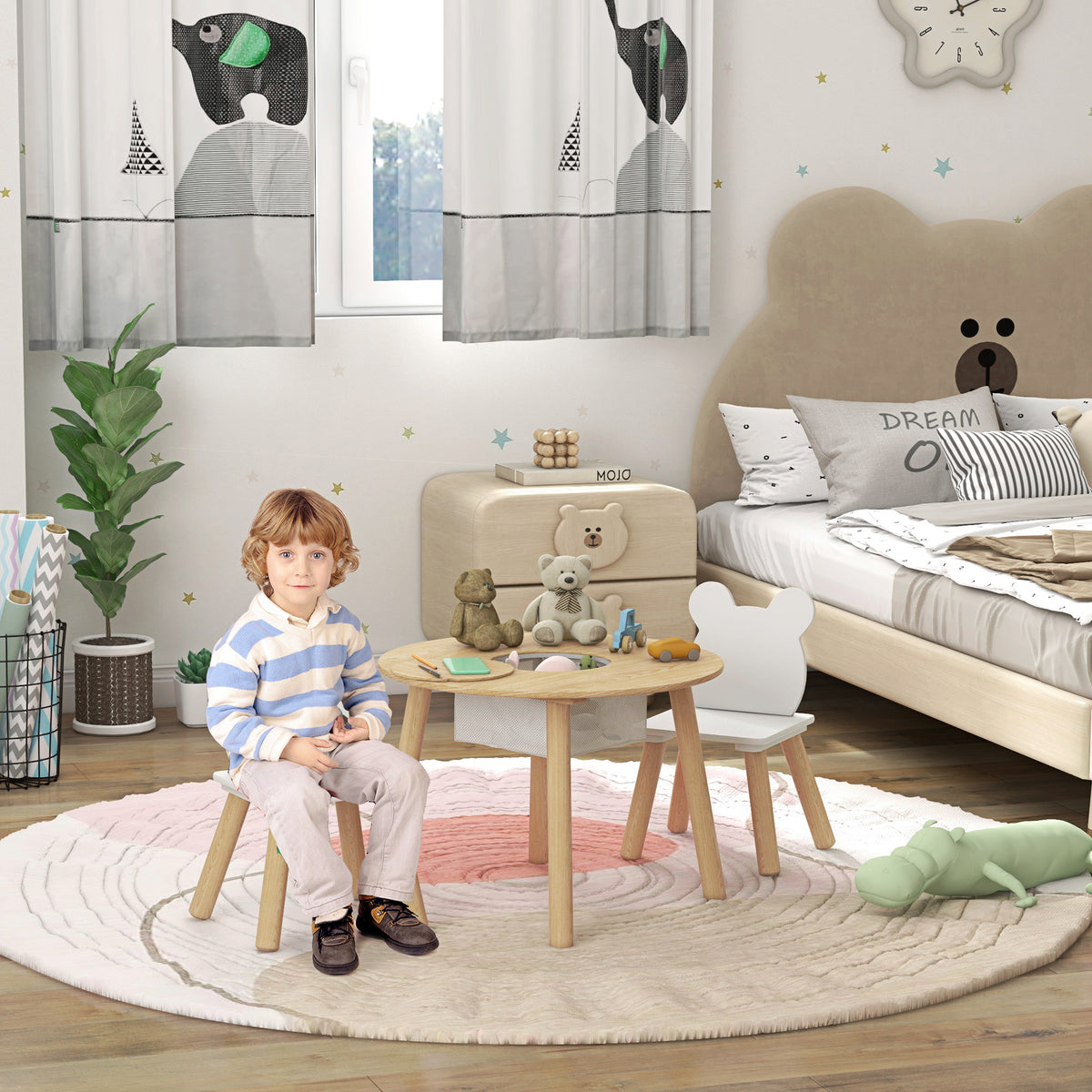 Ensemble 1 table ronde, 2 chaises pour enfant 3 pièces, dossier en forme d'ours, activités, bricolage, repas, 3-6 ans-1