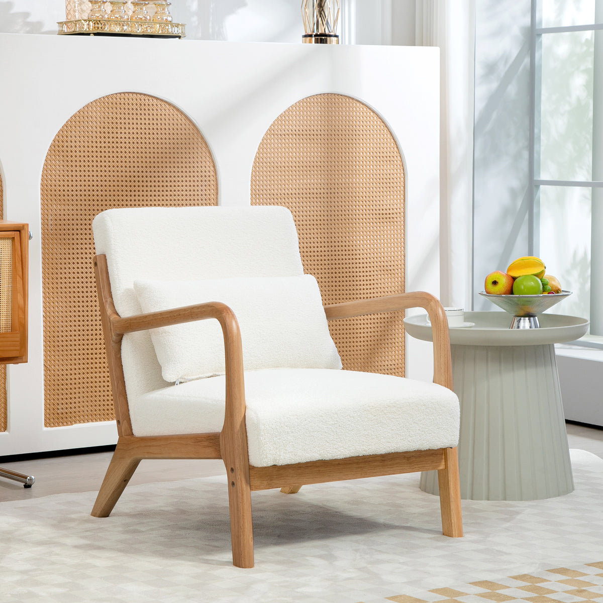 Fauteuil lounge - 3 coussins inclus - assise profonde - accoudoirs - structure bois hévéa - tissu bouclette crème-1