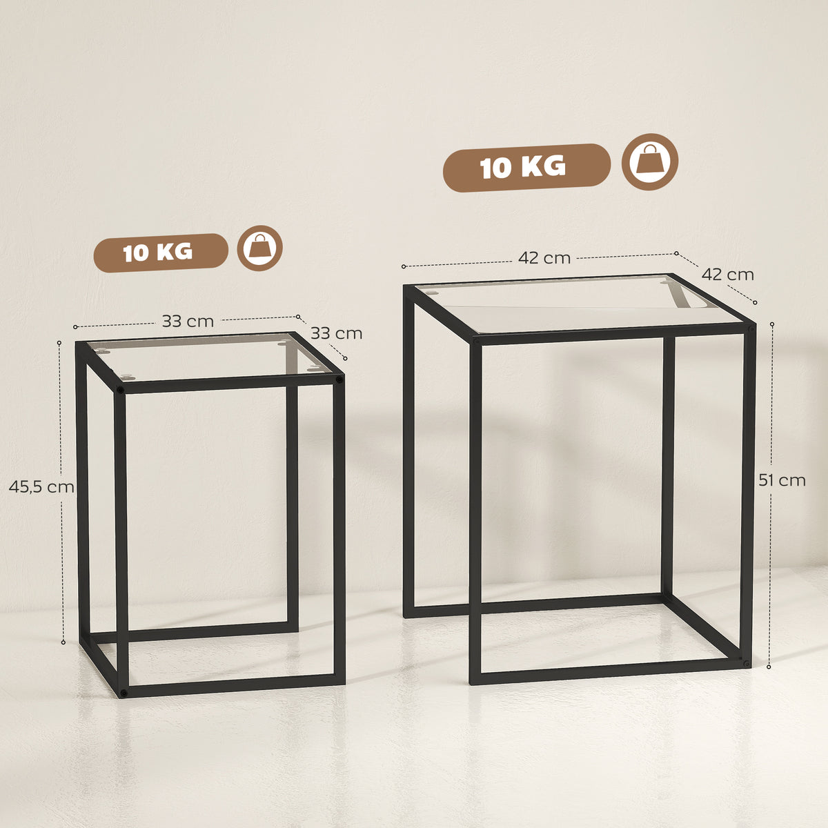 Lot de 2 tables basse gigogne, tables d'appoint empilable, plateau verre trempé cadre acier, patins antidérapants, noir-2